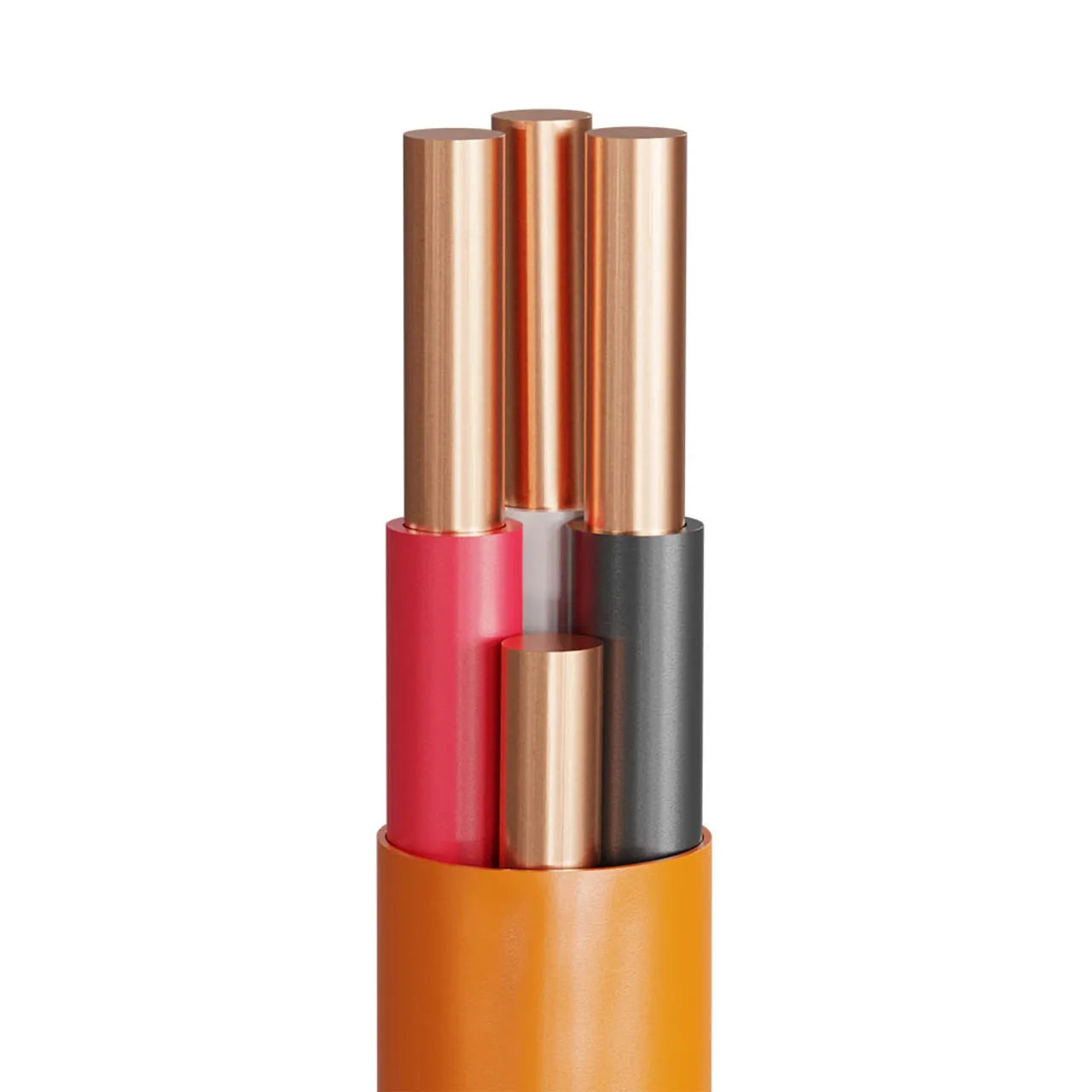 Close-up of a Go Build 10/3 100 ft. Copper Electrical Cable NM-B - Orange with the insulation cut away, showing four insulated copper wires in red, black, white, and orange. Brand: Go Build, The Fastest Way To Build.